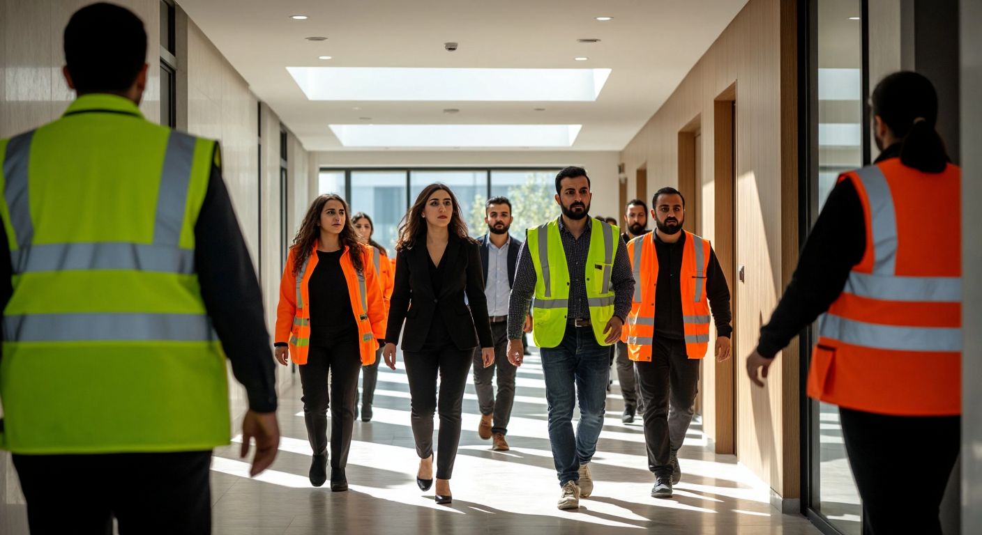 A group of diverse workers in a Turkish office building calmly evacuating through marked exits during a fire drill, with emergency team members in reflective vests guiding them toward a sunny outdoor assembly area.