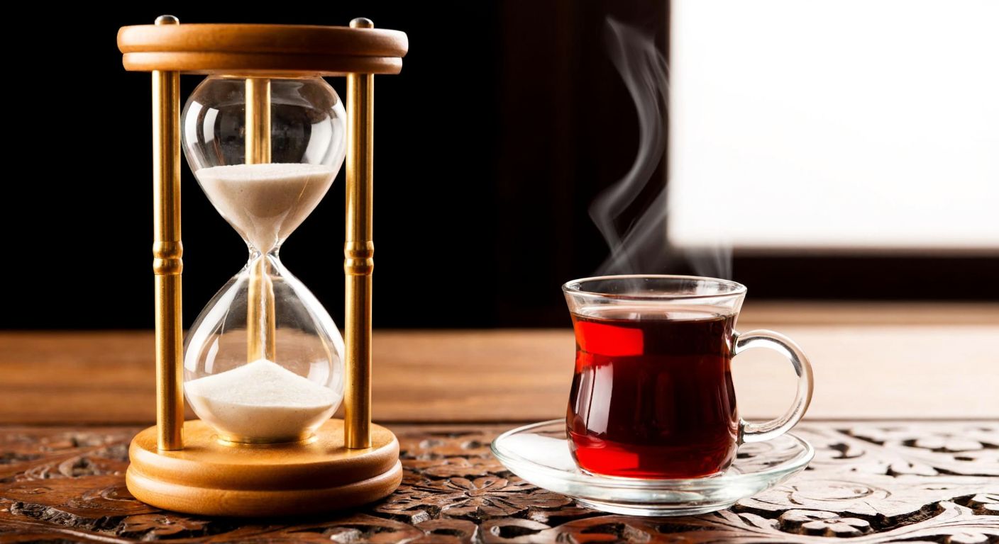 A traditional Turkish sandglass with golden wooden frames and fine white sand flowing steadily between its glass bulbs, resting on a carved wooden table beside a steaming cup of çay, symbolizing the unchangeable passage of time.