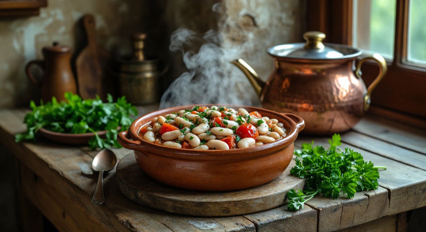 A steaming clay dish of fasulye pilaki, filled with white beans, tomatoes, and parsley, sits on a rustic wooden table in a sunlit Turkish kitchen, with a copper pot and fresh herbs nearby.