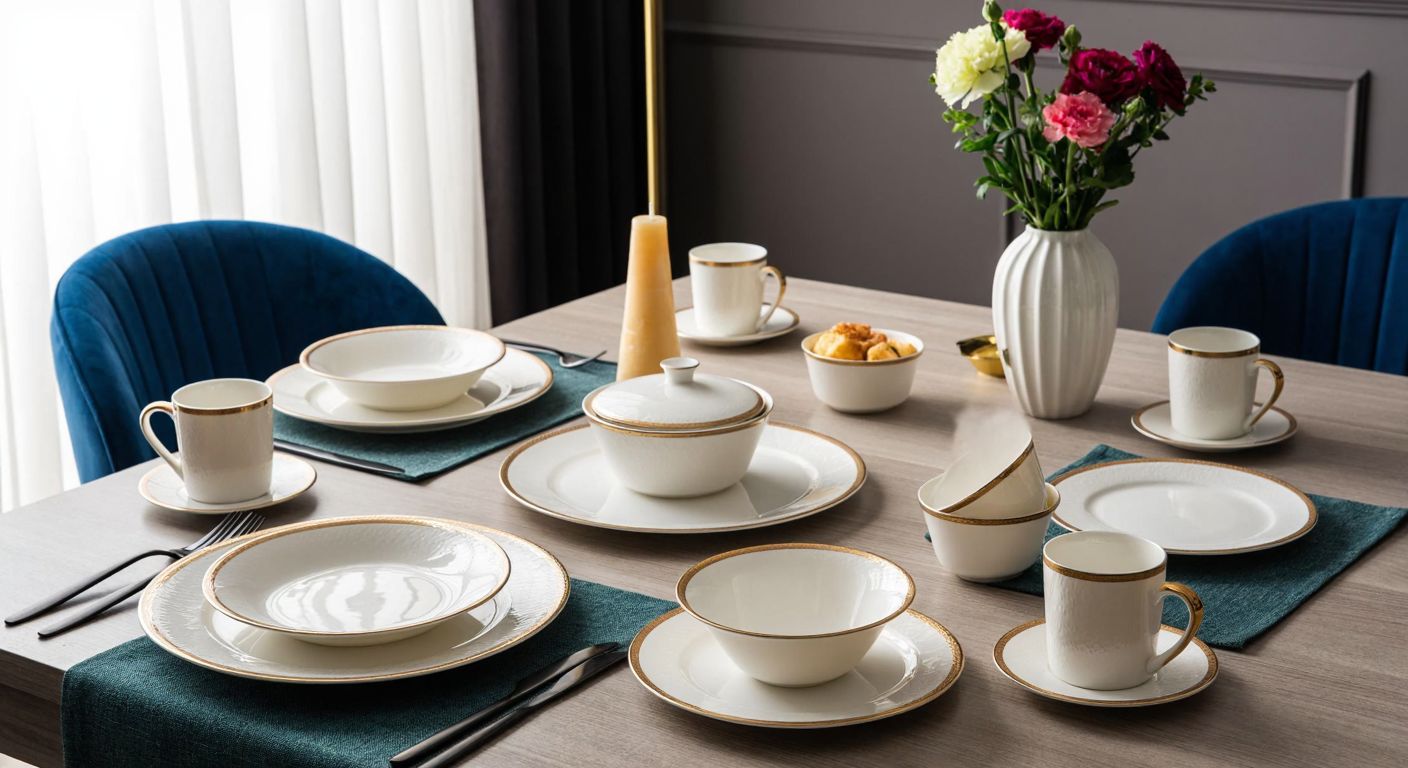 A neatly arranged dining table in a Turkish home, set with elegant Frezya porcelain dinnerware in various sizes—gold-trimmed plates, bowls, and teacups—surrounded by warm, inviting light and a vase of fresh flowers.
