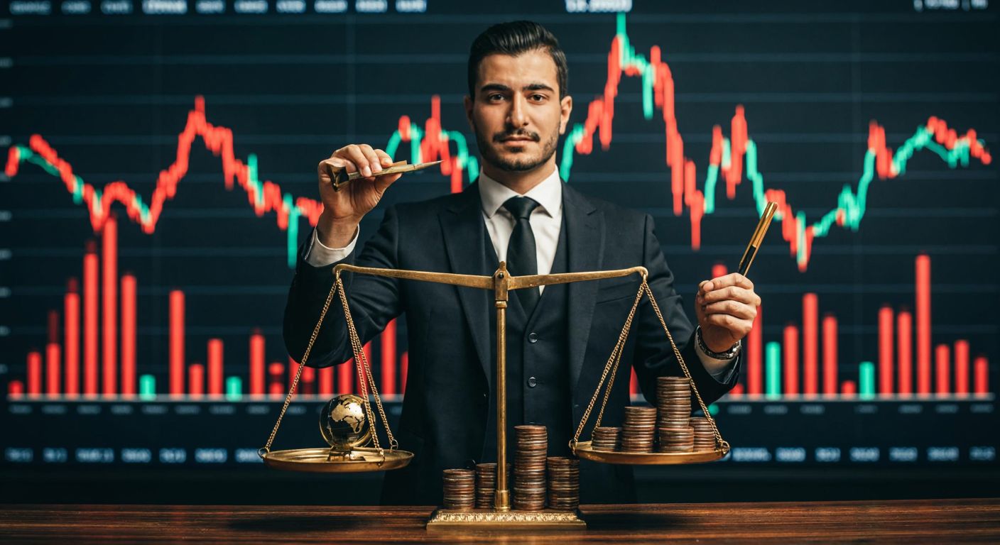 A confident Turkish businessman in a sleek suit stands in front of a glowing stock market chart, holding a golden scale that balances a stack of coins and a miniature globe, symbolizing financial evaluation and global economic impact.