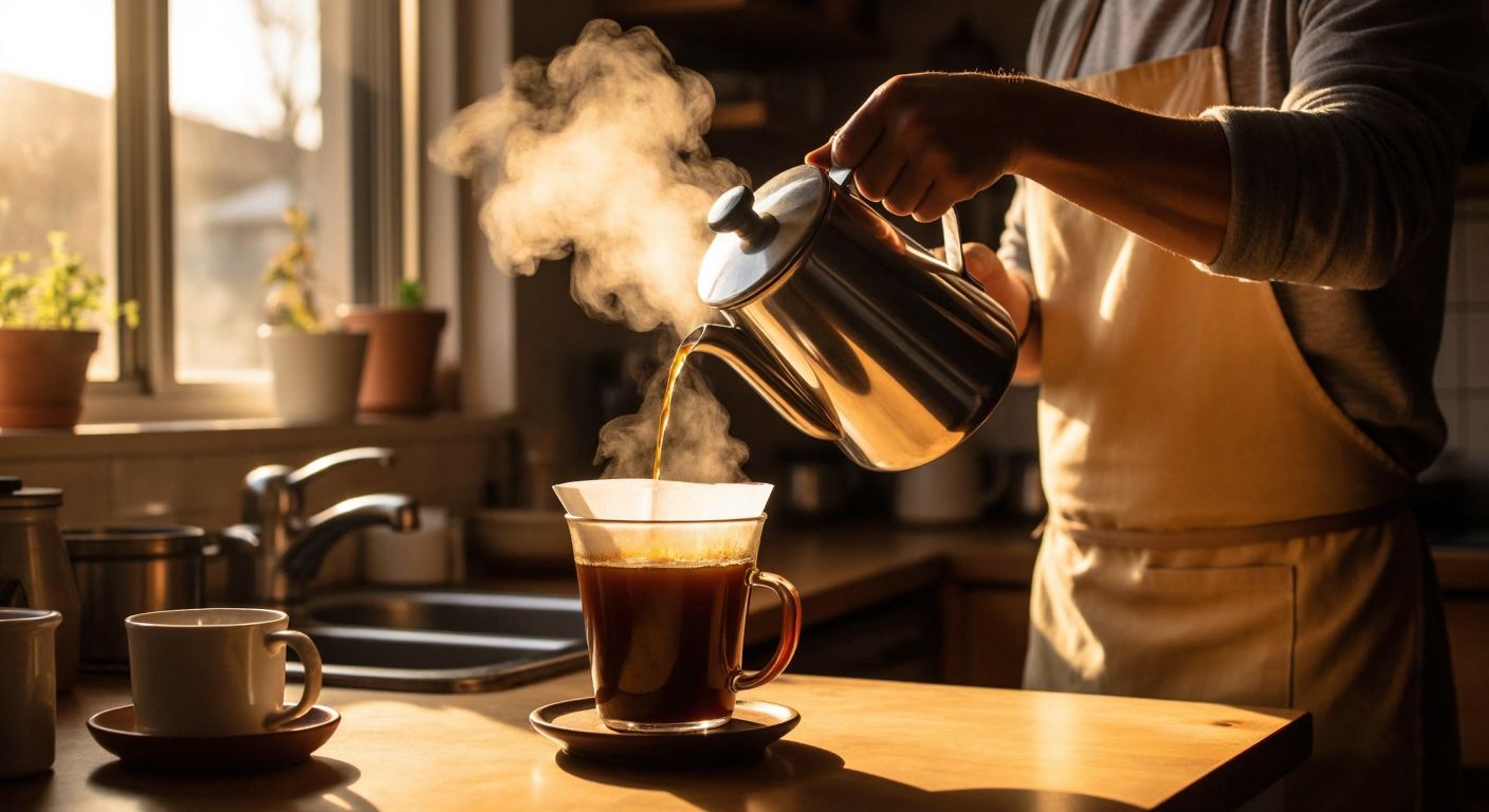 A person in a cozy Turkish kitchen carefully pours steaming water from a stainless steel Stanley jug over fresh coffee grounds in a pour-over filter, with rich brown coffee dripping into a sturdy mug below, surrounded by the warm glow of morning sunlight.