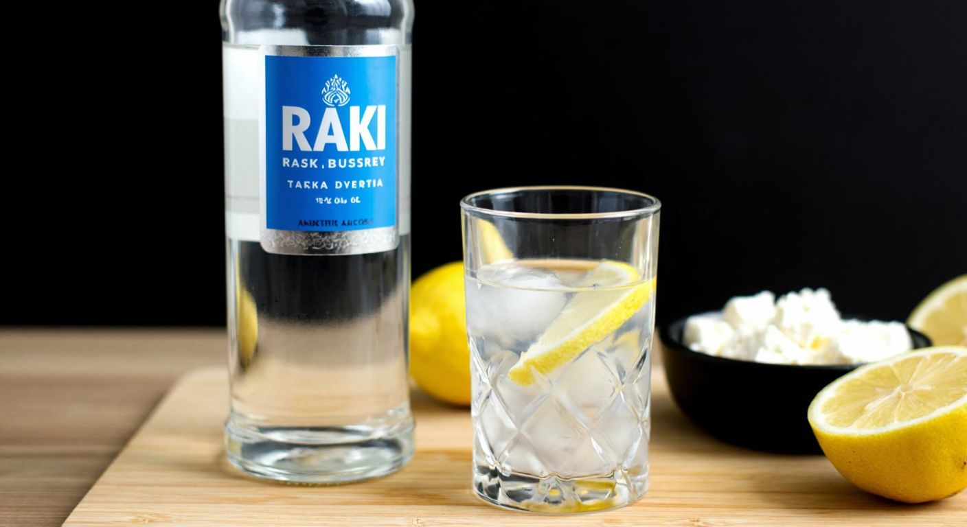 A clear glass bottle of rakı filled to 3500 ml, placed beside a small traditional Turkish rakı glass on a wooden table with lemon slices and a bowl of white cheese.