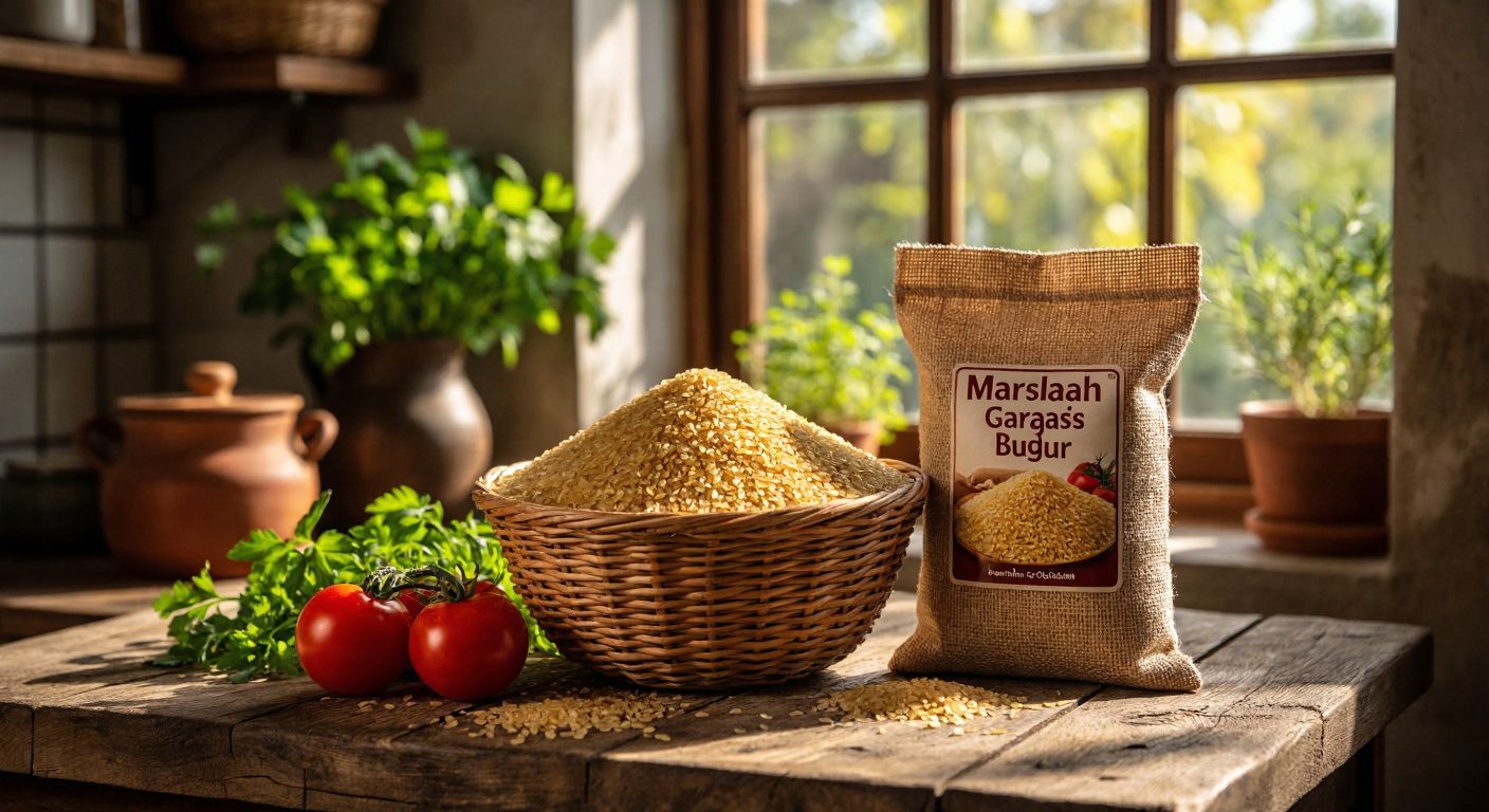 A rustic wooden table in a Turkish kitchen holds a woven basket filled with golden bulgur wheat, next to a small branded sack labeled "Marşah Çağdaş Bulgur," with warm sunlight streaming through a window onto fresh herbs and tomatoes nearby.
