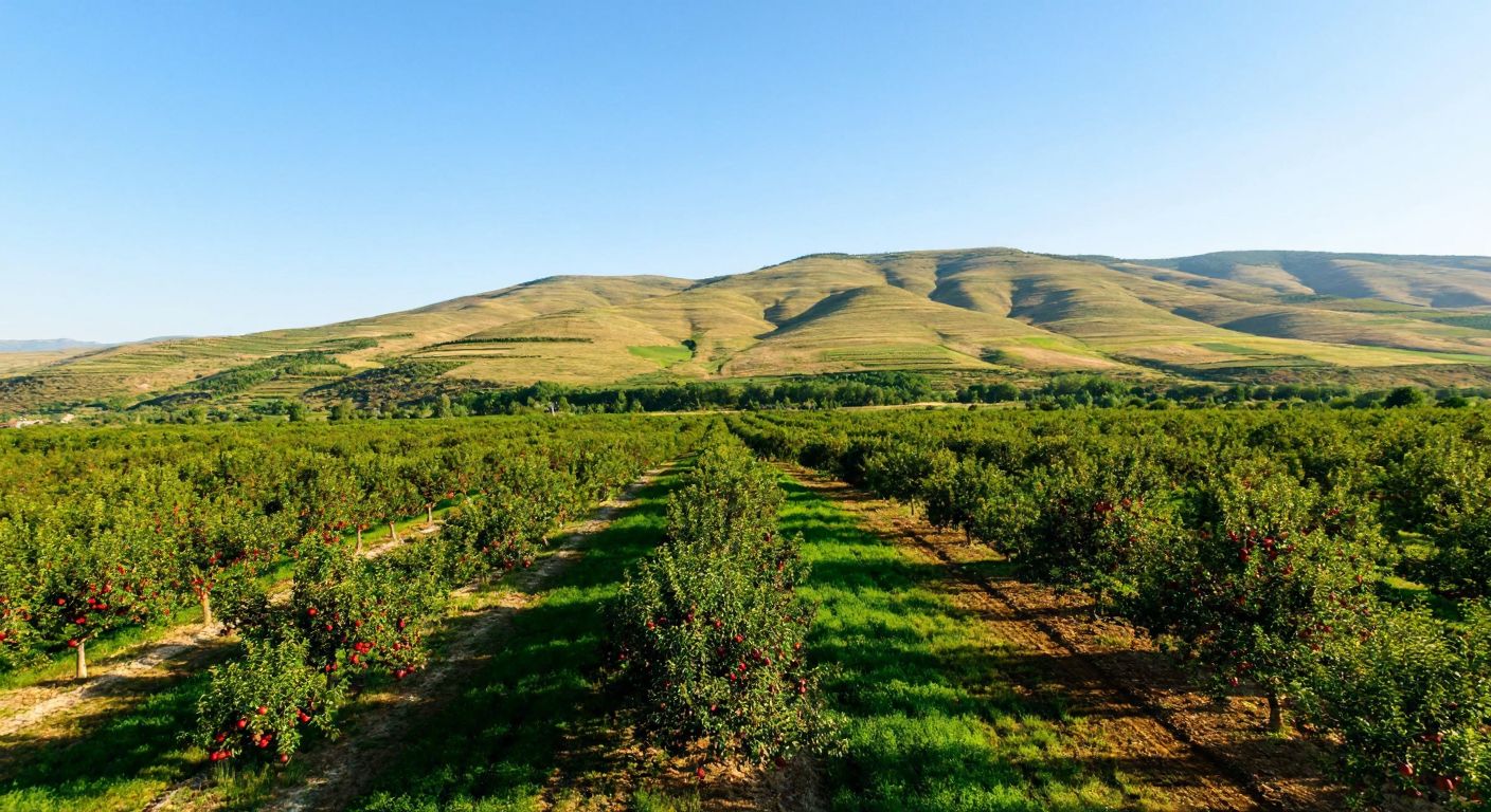 A sunlit orchard in Yozgat Kadışehri with rows of cherry, peach, and apple trees laden with ripe fruit, surrounded by rolling green hills under a clear blue sky.