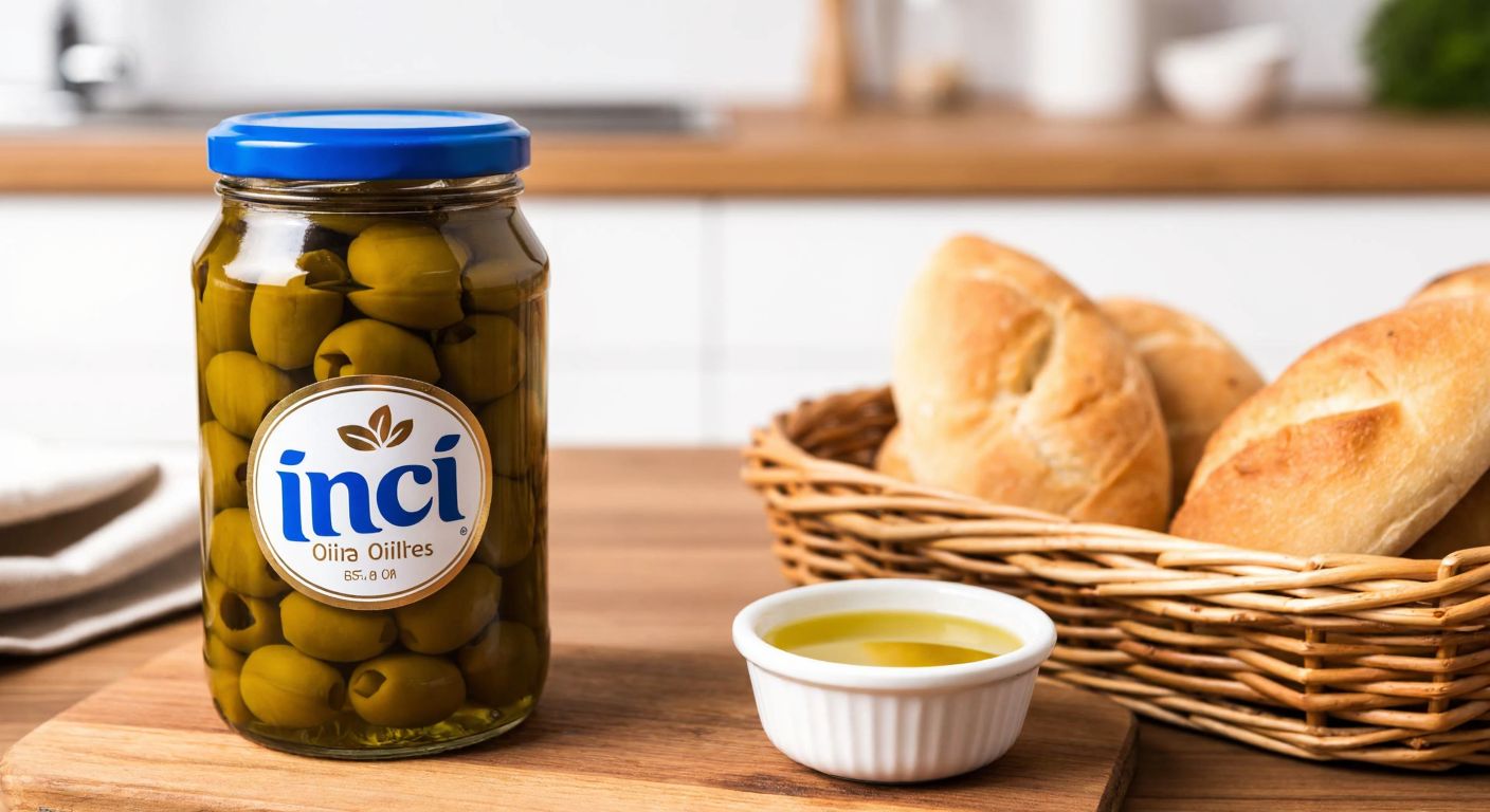 A blue-capped jar of olives with the "İnci" logo prominently displayed, placed on a wooden table beside a basket of fresh Turkish bread and a small bowl of olive oil, evoking a cozy home kitchen setting.