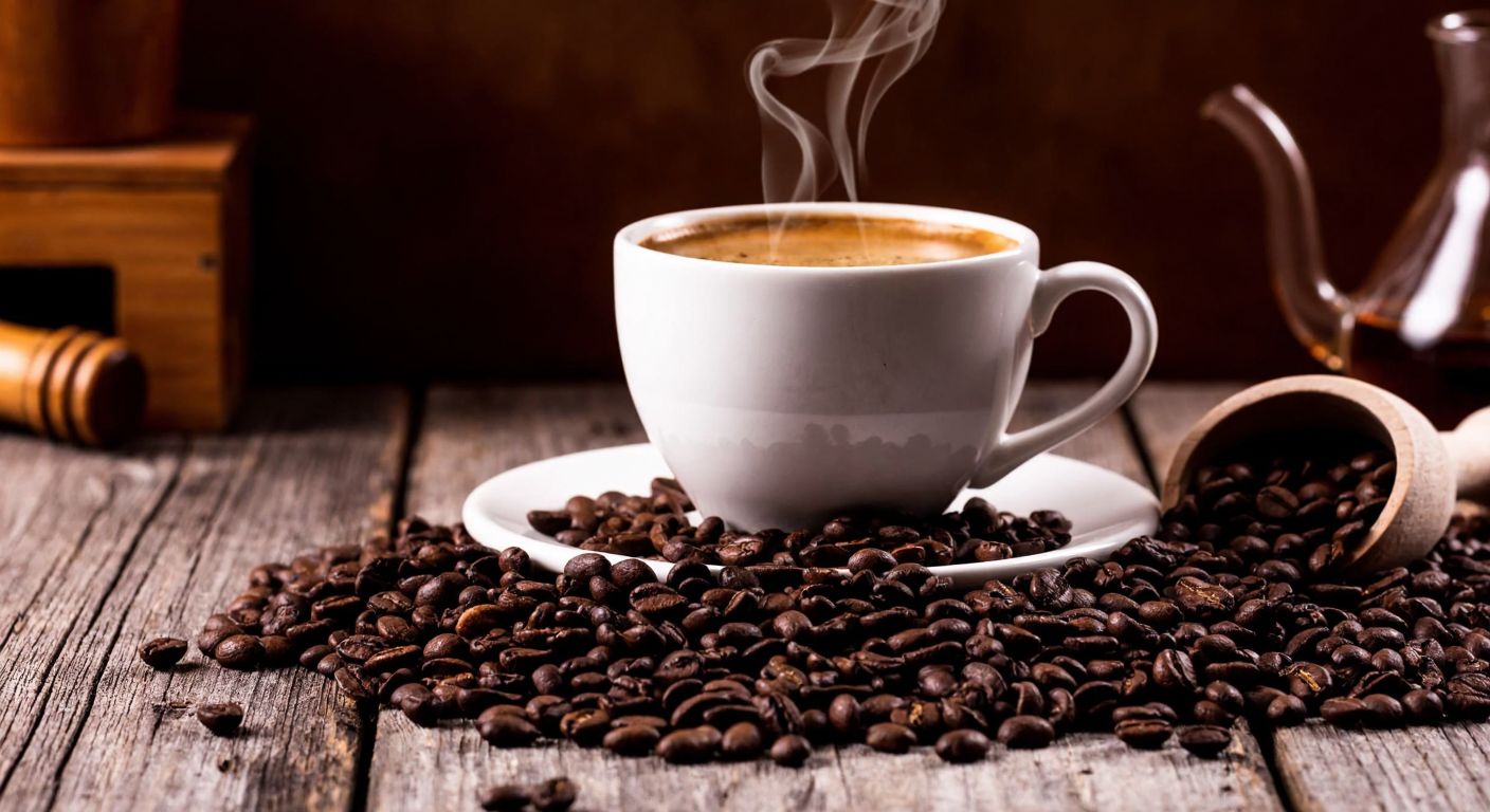 A steaming cup of rich, aromatic coffee with dark roasted beans spilling onto a rustic wooden table, surrounded by a warm, inviting Turkish café setting.