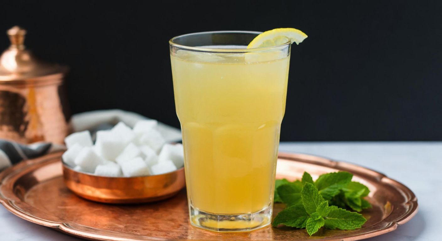 A glass of golden-hued şerbet garnished with a slice of lemon, resting on a copper tray beside a bowl of sugar cubes and fresh mint leaves, evoking the warmth of a Turkish kitchen.