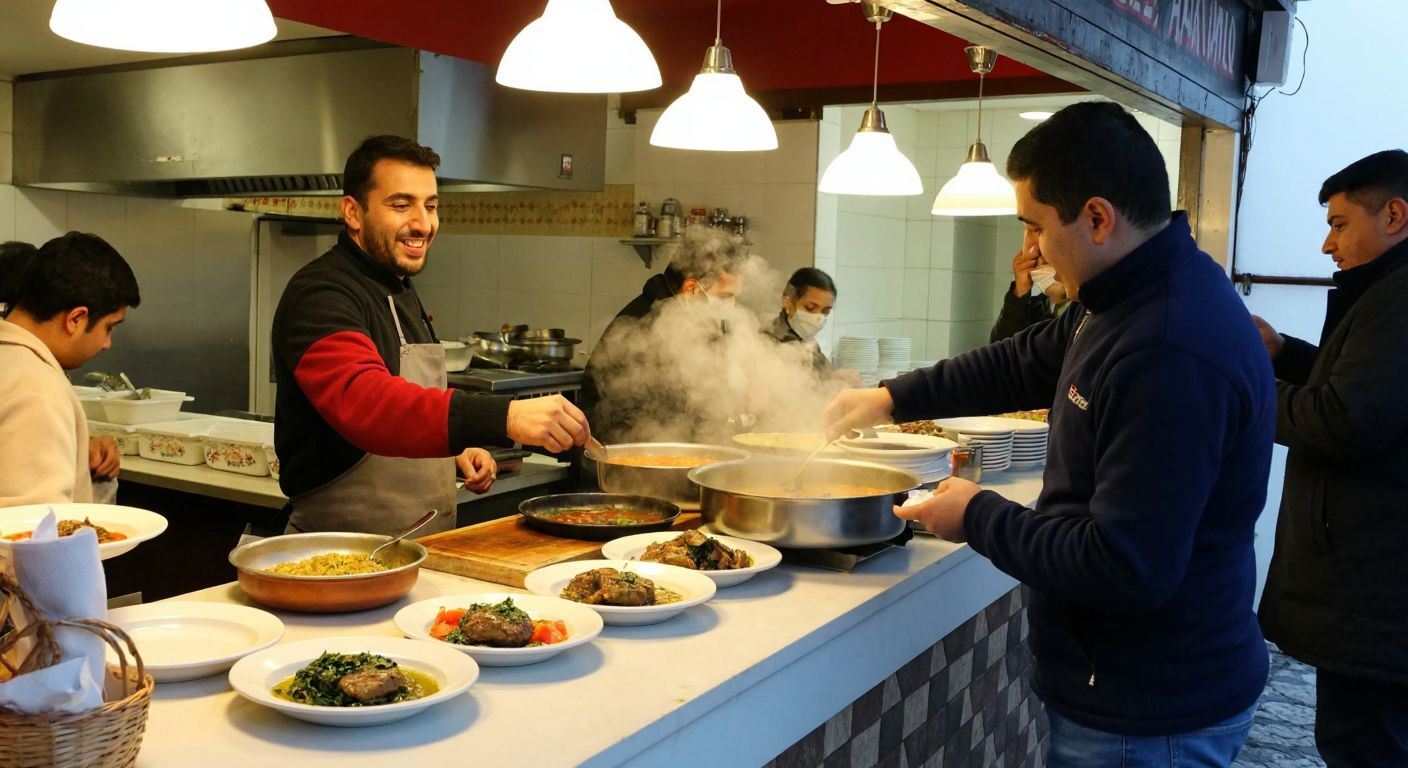 A bustling traditional Turkish lokanta in İnebolu, with Ergün Usta smiling behind a counter, serving steaming plates of local dishes to warmly dressed patrons.