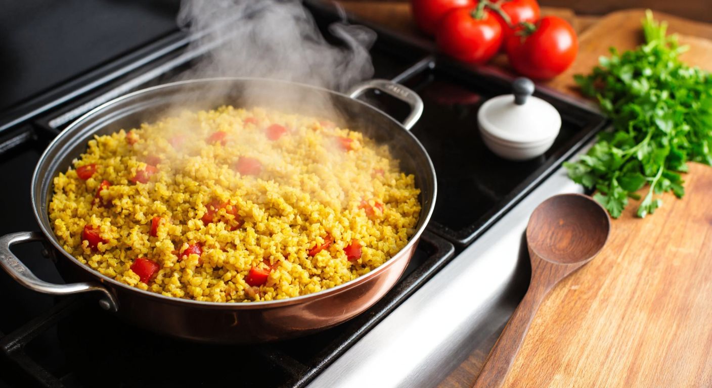A steaming pot of golden bulgur pilaf on a stovetop, with a wooden spoon resting beside it, surrounded by fresh parsley and tomatoes in a cozy Turkish kitchen.
