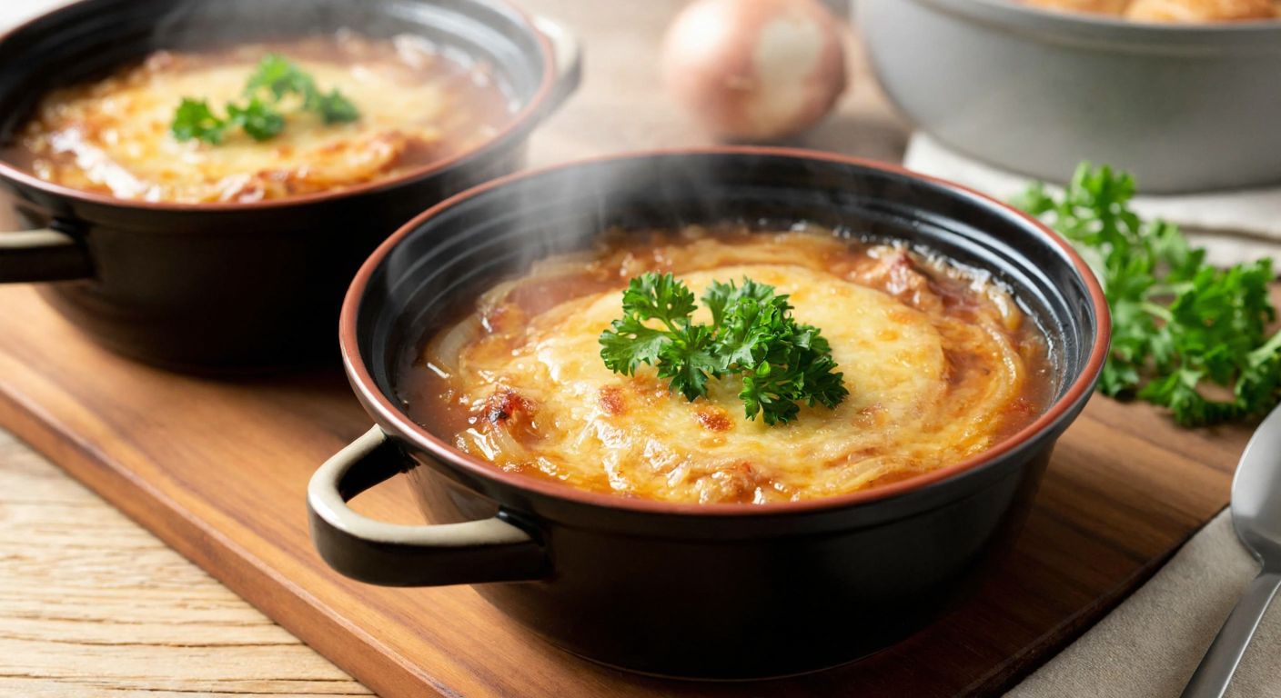 A steaming bowl of golden onion soup with a rich, savory broth, garnished with fresh parsley, sitting on a rustic wooden table in a cozy Turkish kitchen.