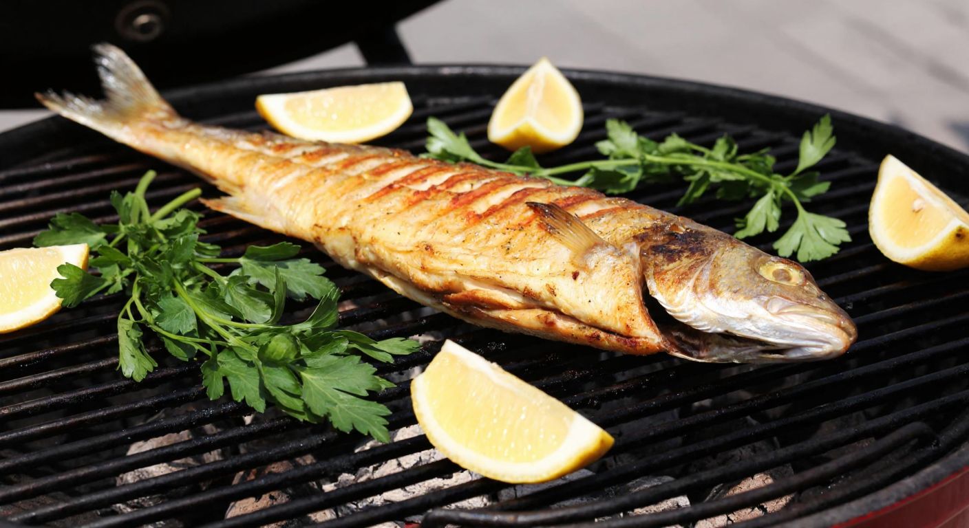 A golden-brown mezgit fish sizzling on a charcoal grill, surrounded by fresh herbs, lemon slices, and a drizzle of olive oil, with a traditional Turkish seaside tavern in the background.