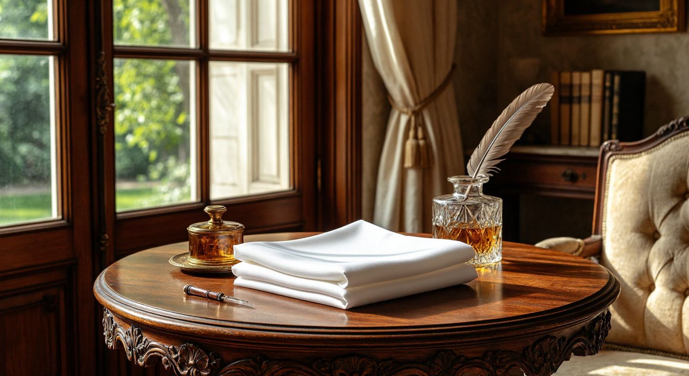A neatly folded white square handkerchief resting on an ornate wooden table in a sunlit French parlor, with a vintage quill and inkwell nearby, evoking historical elegance.
