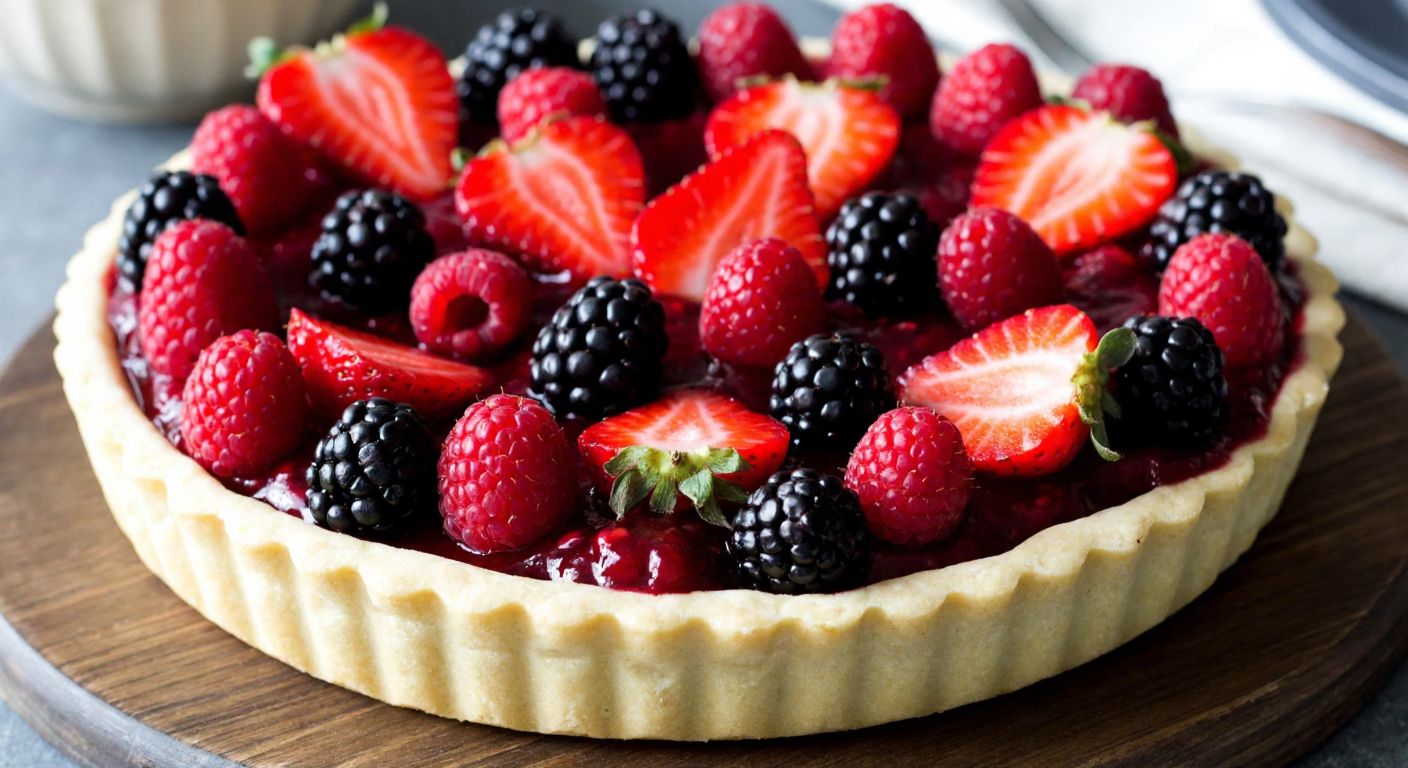 A golden-brown tart crust filled with vibrant red berry compote, topped with fresh strawberries, raspberries, and blackberries, arranged neatly on a rustic wooden table in a sunlit Turkish kitchen.