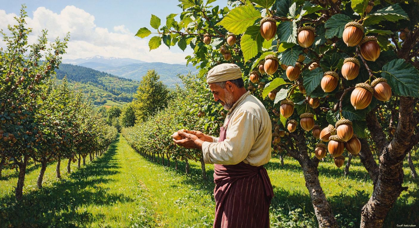 A sunlit hazelnut orchard in Turkey’s Black Sea region, with clusters of plump **Ordu Çakıldak** and **Giresun Tombul** hazelnuts glistening on vibrant green branches, while a farmer in traditional attire carefully inspects the harvest with pride.