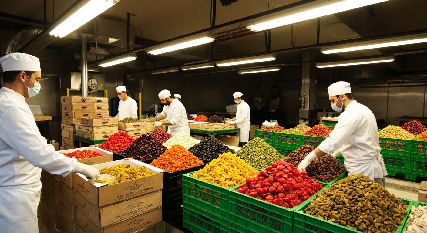 A bustling Turkish food factory with workers in white uniforms packaging colorful dried fruits and nuts, surrounded by stacks of export-ready crates under warm industrial lighting.