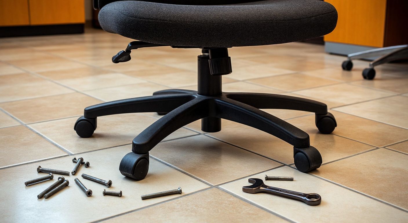 A broken swivel chair with cracked plastic legs lies tilted on a tiled floor in a Turkish office, surrounded by scattered screws and a wrench, conveying frustration and neglect.