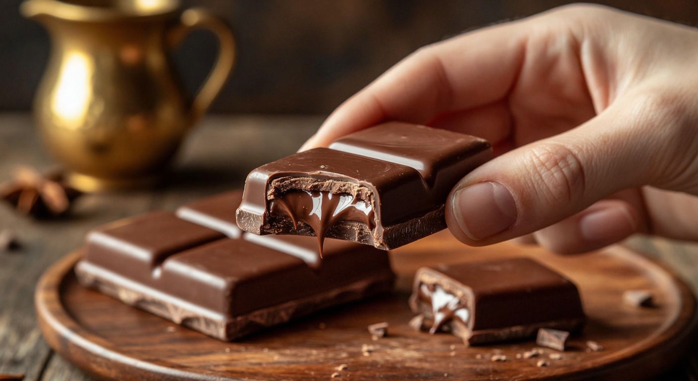 A hand holding a glossy, golden-wrapped Harras chocolate bar with a creamy milk chocolate filling oozing slightly from a bite taken out of it, against a warm, rustic wooden table in a cozy Turkish café.