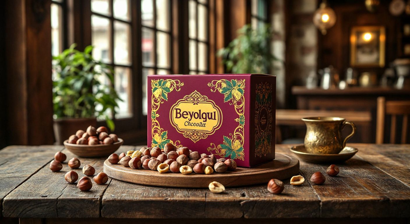 A vibrant, handcrafted box of Beyoğlu chocolates sits on a rustic wooden table in a historic Istanbul café, surrounded by scattered hazelnuts and pistachios, with warm golden light evoking nostalgia.