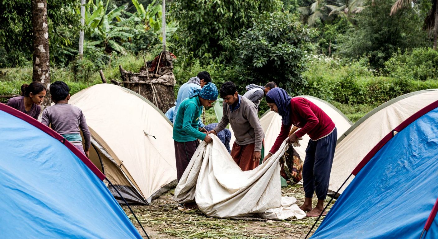 A group of volunteers in Bangladesh, wearing simple clothing and warm expressions, carefully unpacking and setting up sturdy tents in a makeshift refugee camp surrounded by lush greenery.