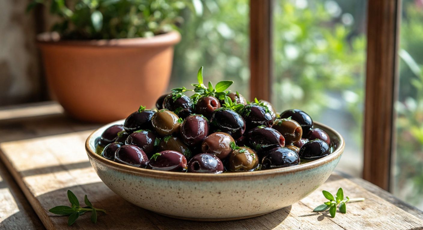 A rustic wooden table in a sunlit Turkish kitchen holds a bowl of plump, glossy black Şems olives, their rich aroma mingling with fresh herbs and a drizzle of golden olive oil.