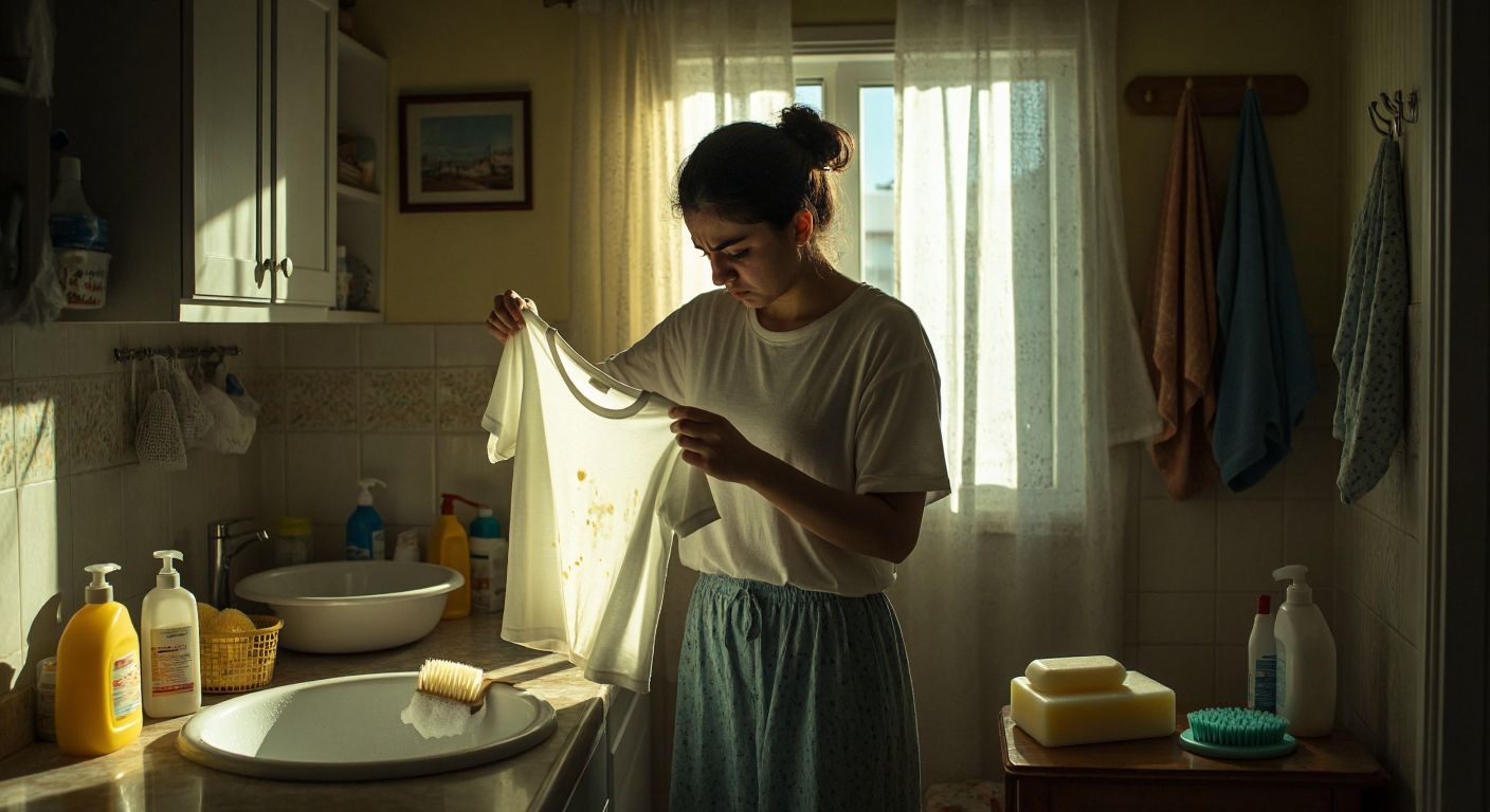 A frustrated person in a Turkish home holds up a stained shirt, examining it under bright light while surrounded by cleaning supplies like a basin, soap, and a scrub brush.