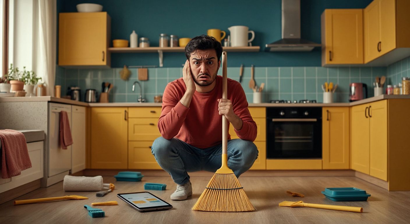 A frustrated person in a Turkish home holds an IKEA Pepprig broom with a confused expression, surrounded by scattered cleaning tools and a tablet displaying a generic cleaning set.