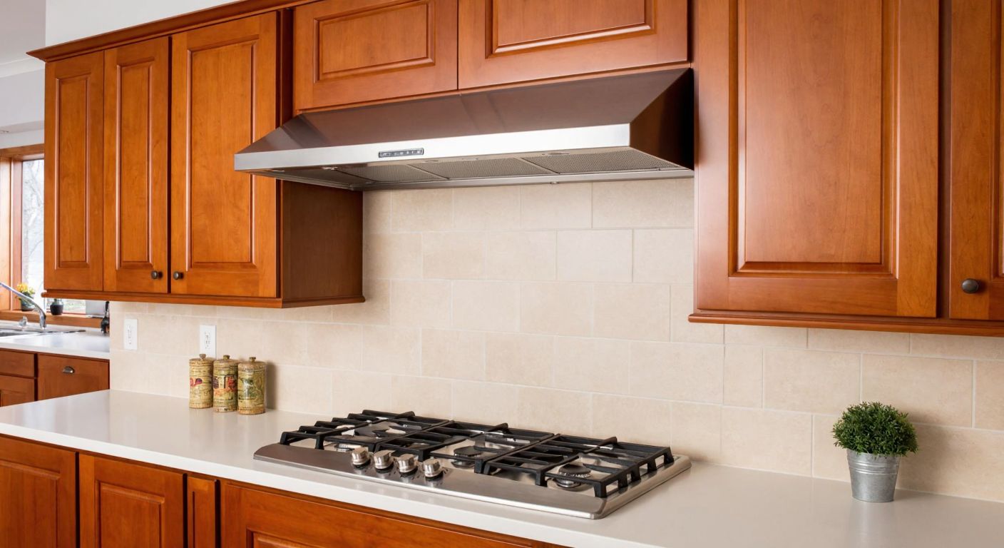 A modern Turkish kitchen with a sleek stainless steel range hood cabinet (60 cm wide) mounted above a gas stove, surrounded by warm wooden cabinetry and a tiled backsplash.