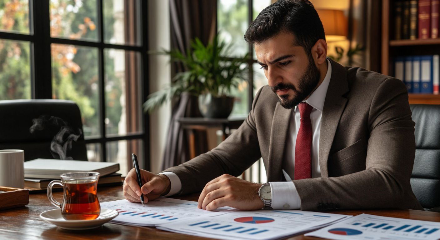 A focused Turkish businessperson in a sleek office reviews financial documents with a calendar marked for late July and August 2025, surrounded by charts and a steaming cup of Turkish tea.