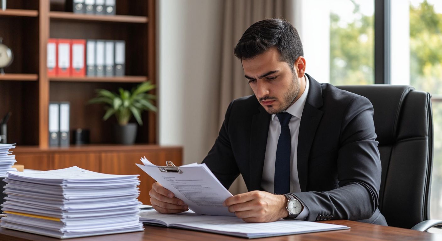 A focused Turkish businessman in a formal suit sits at a wooden desk in a modern office, reviewing stacks of German legal documents with a pensive expression, while a calendar with flipped pages subtly hints at the passage of weeks.