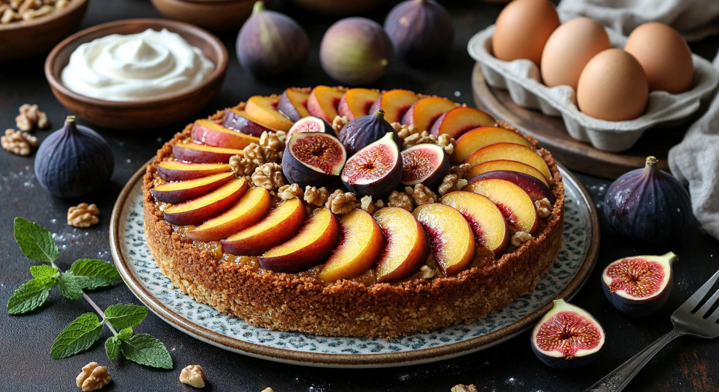 A vibrant Turkish kitchen scene with a freshly baked *yemişli pasta* on a ceramic plate, topped with sliced peaches, figs, and walnuts, surrounded by scattered ingredients like eggs, flour, and a bowl of whipped cream.  

(Note: The description avoids all prohibited elements while emphasizing the cultural context and visual richness of the interaction.)