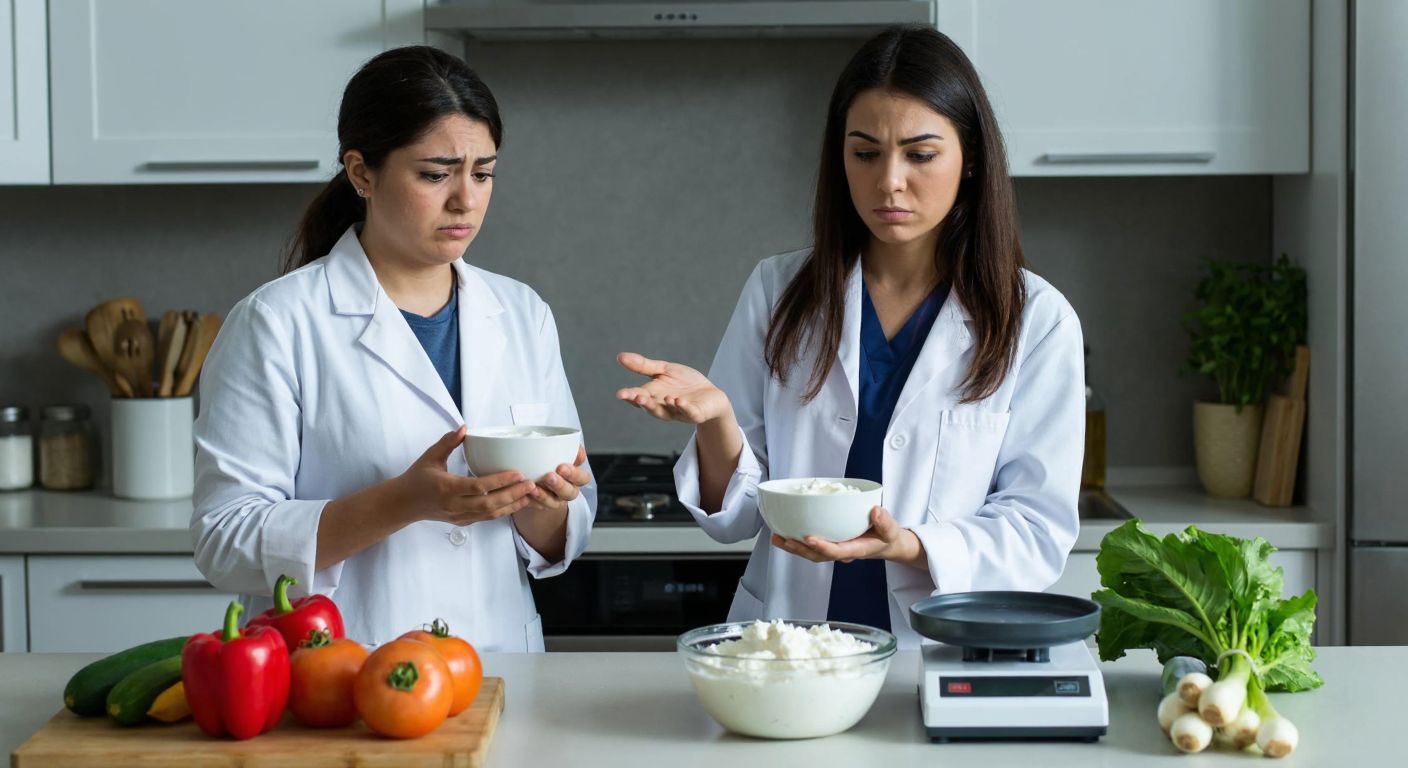 A concerned Turkish woman in a kitchen holds a bowl of creamy yogurt while a nutritionist in a white coat gestures toward a scale and fresh vegetables on the counter.