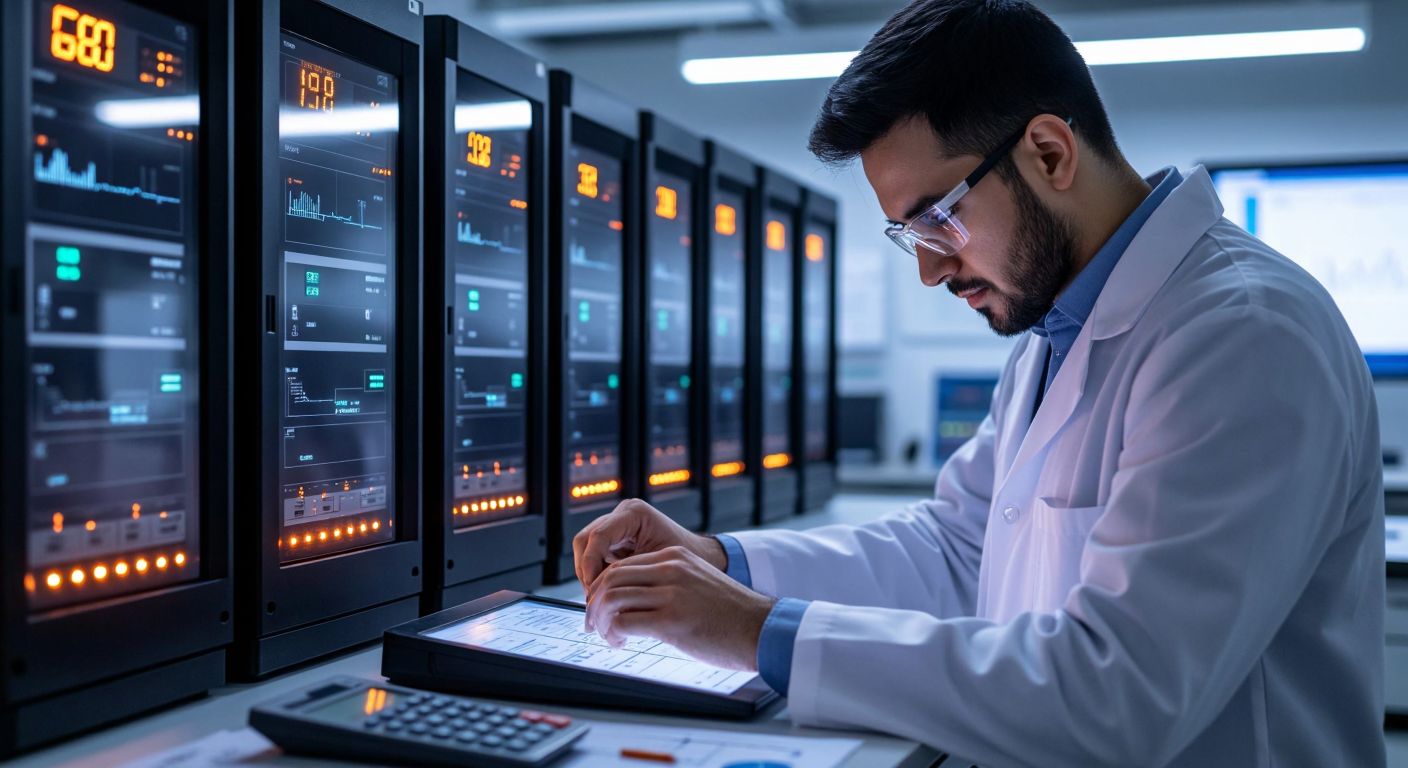 A focused engineer in a lab coat adjusts settings on a row of sleek, modern data acquisition devices with glowing indicator lights, surrounded by technical schematics and a calculator.