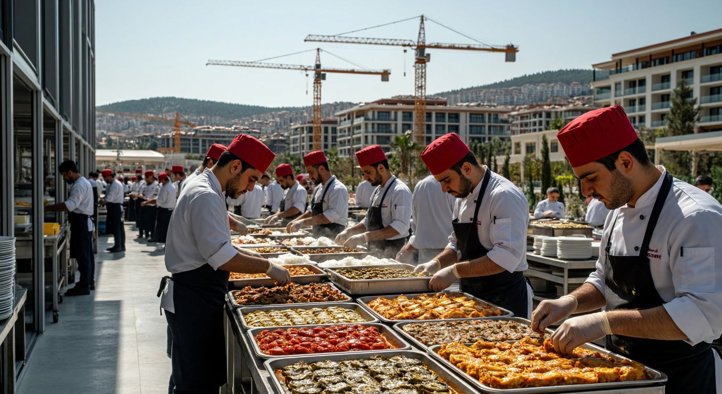 A bustling Turkish industrial complex with workers in uniforms assembling garments, construction cranes in the background, a luxury resort by the Mediterranean, and chefs preparing large trays of traditional Turkish dishes.