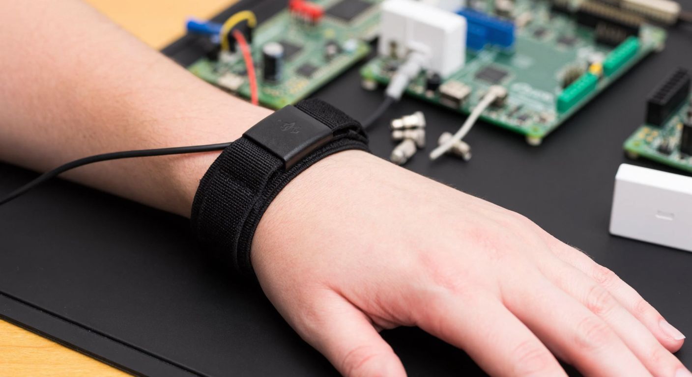 A close-up of a person's wrist with a snug black elastic antistatic bracelet clipped securely to a grounding mat, their hand resting on an electronics workbench with scattered components.