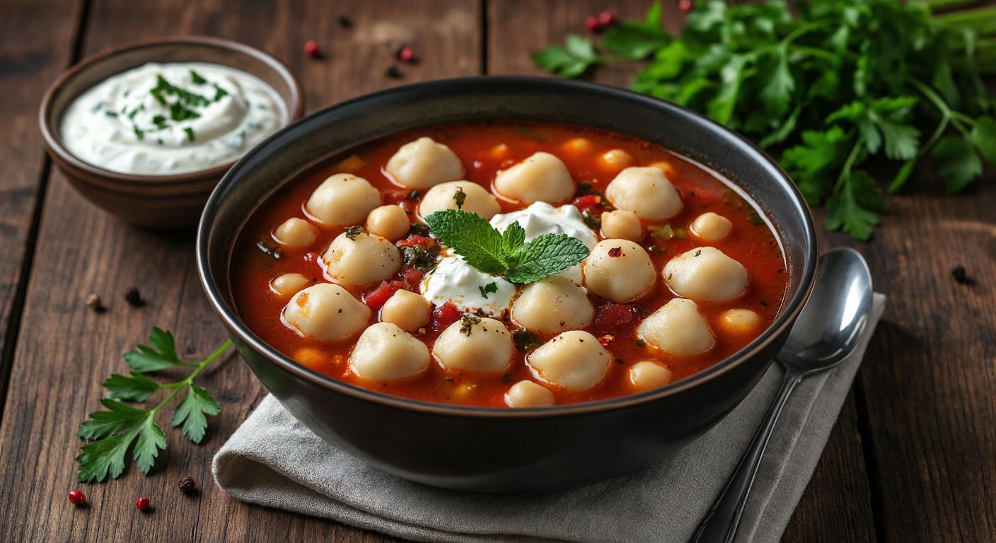 A steaming bowl of Tatar soup, filled with tiny dumplings, chickpeas, and tomato-infused broth, garnished with melted butter, dried mint, and red pepper flakes, placed on a rustic wooden table with fresh parsley and a bowl of garlic yogurt nearby.