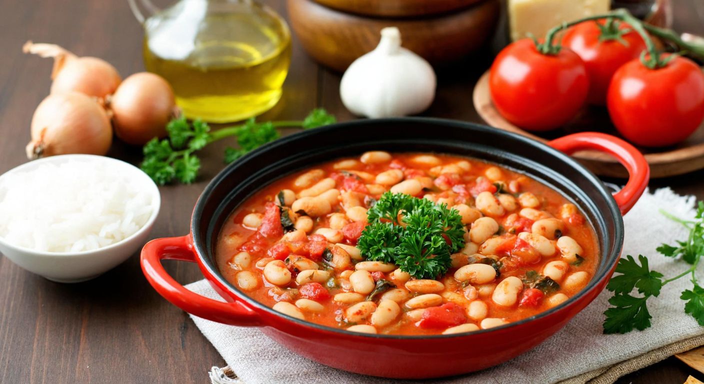 A rustic Turkish kitchen table set with a steaming bowl of *barbunya pilaki* (white bean stew) garnished with parsley, surrounded by fresh ingredients like tomatoes, onions, and olive oil, evoking warmth and tradition.
