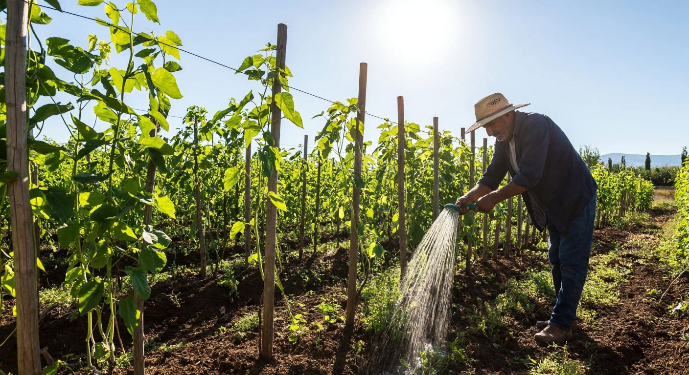 A Turkish farmer in a sunhat gently waters tall, green pole bean vines climbing wooden stakes in a fertile garden under the warm afternoon sun.