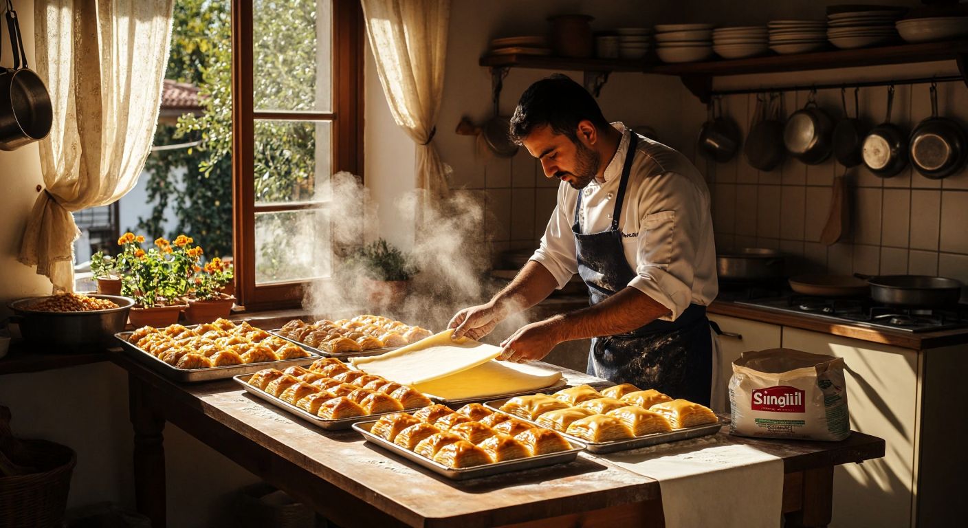 A Turkish cook in a sunlit kitchen rolls out thin, golden sheets of dough on a flour-dusted wooden table, surrounded by trays of baklava and börek, with a bag of Sinangil flour nearby.