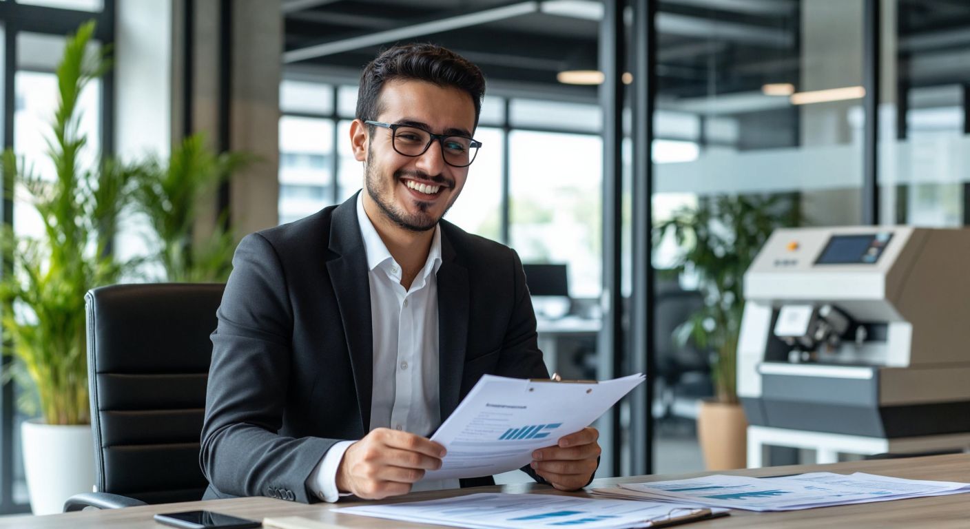 A Turkish businessperson in a modern office smiles while reviewing financial documents, with a sleek new industrial machine in the background symbolizing leasing benefits.