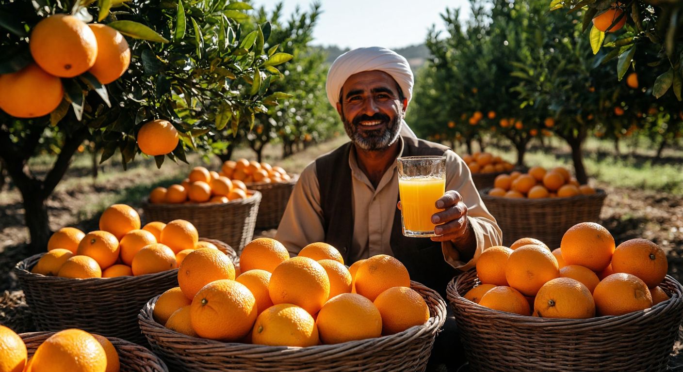 A sunlit Turkish orchard with plump, ripe oranges—Washington, Valencia, Navel, and Sunkist varieties—piled in woven baskets, their vibrant orange skins glistening with droplets of juice, while a farmer in a traditional şalvar smiles and holds up a freshly squeezed glass of golden-orange juice.