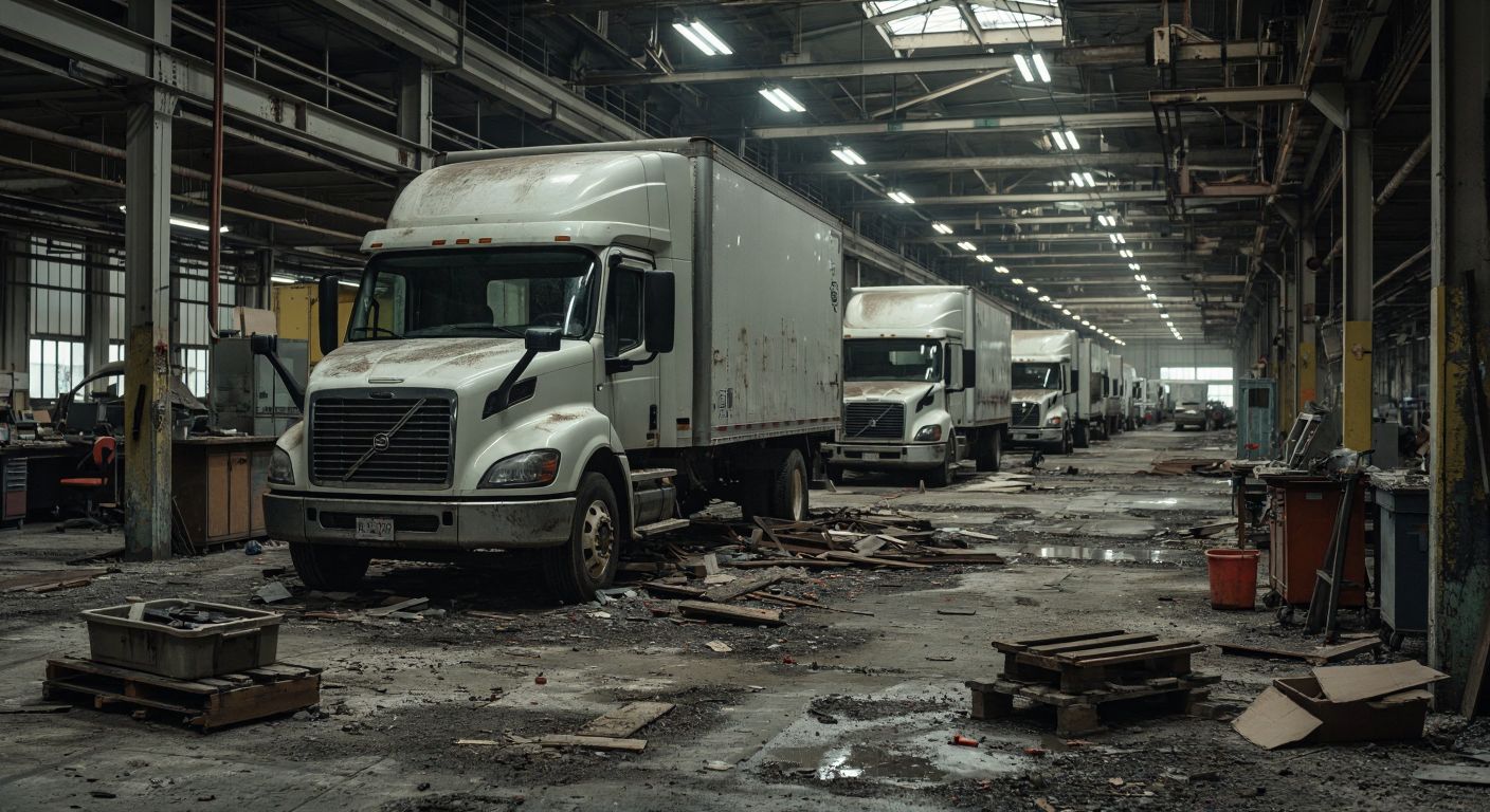 A desolate, abandoned electric truck factory with dusty, unfinished vehicles under dim lighting, surrounded by scattered tools and a sense of financial collapse.
