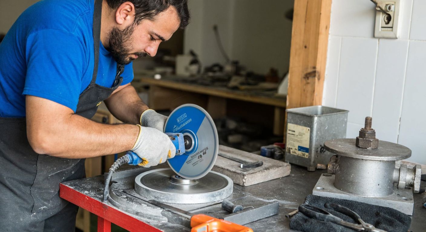 A Turkish craftsman in a workshop carefully uses a diamond-coated cutting disc on a ceramic tile, with manual cutting tools and a water cooling system nearby.