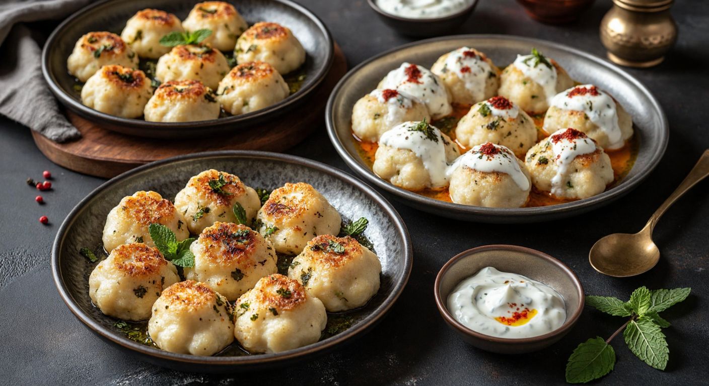 A rustic Turkish kitchen table set with two steaming plates: one holding golden-brown cauliflower dumplings drizzled with yogurt and sprinkled with dried mint, the other featuring minced-meat-stuffed cauliflower dumplings topped with garlic yogurt and a sprinkle of red pepper.