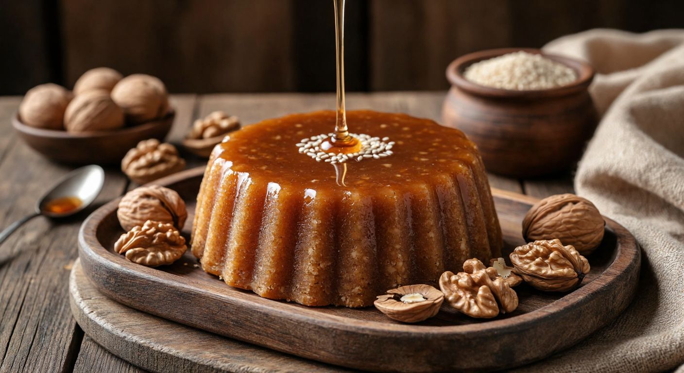 A golden-brown pekmezli helva sits on a rustic wooden tray, drizzled with glossy pekmez, surrounded by fresh walnuts and sesame seeds, evoking warmth and nourishment in a sunlit Turkish kitchen.
