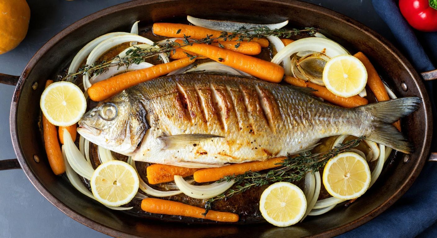 A golden-brown baked mullet fish resting on a bed of sliced onions and carrots in a rustic Turkish kitchen, garnished with lemon wedges and sprinkled with thyme, emitting a warm, savory aroma.