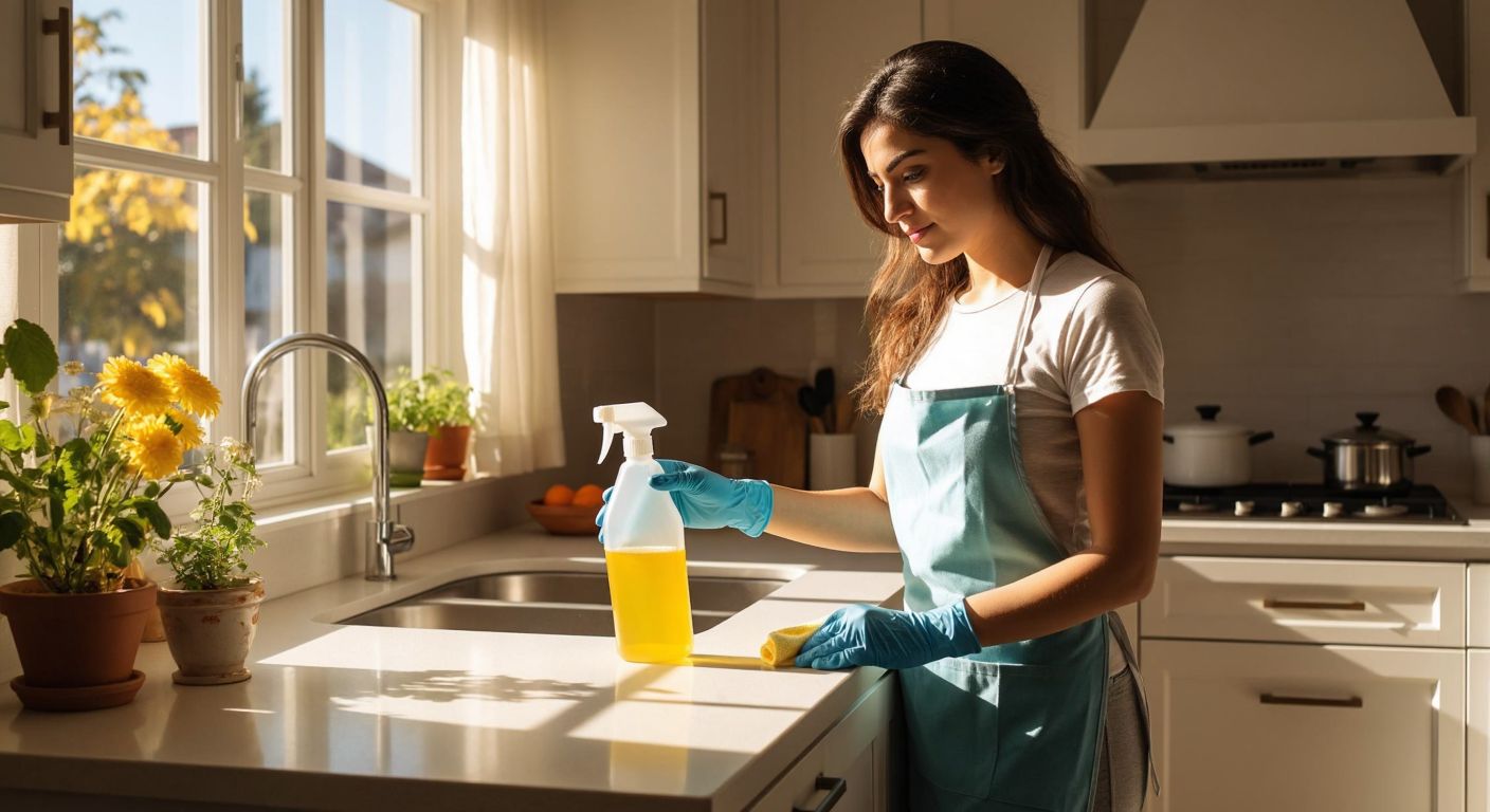 A Turkish woman in a bright, sunlit kitchen wearing rubber gloves holds a bottle of chlorine bleach while wiping a sparkling white countertop with a cloth.