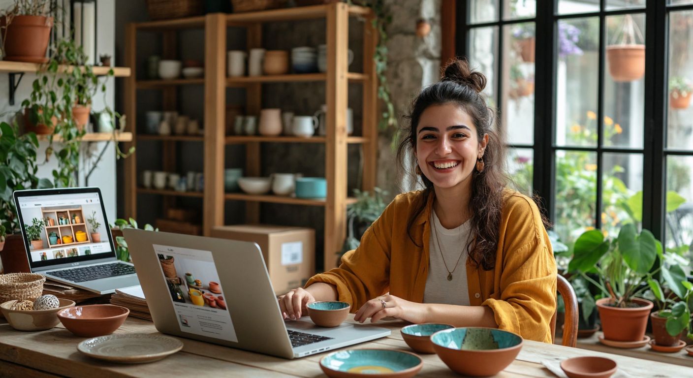 A Turkish entrepreneur smiling while packing colorful handmade ceramics in a cozy home workspace, with a laptop displaying a vibrant online store and shipping boxes ready for delivery.