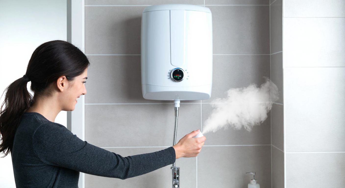 A modern white Regal water heater mounted on a tiled bathroom wall in a Turkish home, with warm steam rising from the faucet and a smiling homeowner testing the water temperature.
