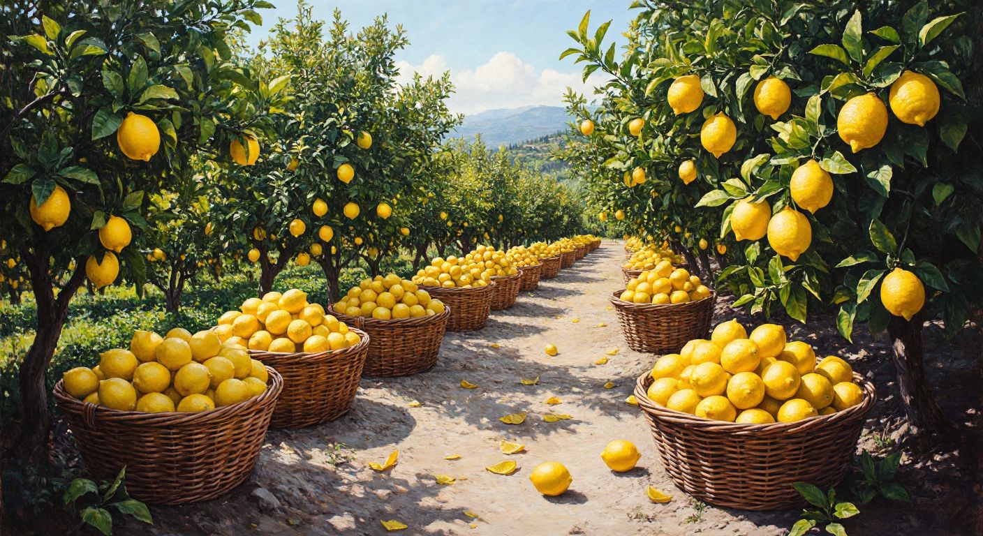 A sunlit Turkish orchard with vibrant green lemon trees laden with plump, yellow lemons, surrounded by baskets filled with different lemon varieties like yediveren and lamas, evoking freshness and abundance.